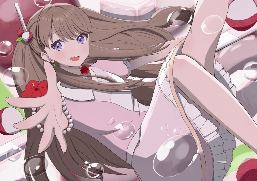 1girl, air_bubble, alternate_costume, brown_hair, bubble, commentary_request, dress, drinking_straw_hair_ornament, feet_out_of_frame, food-themed_hair_ornament, frilled_dress, frilled_sleeves, frills, fruit_earrings, fruit_hair_ornament, fujishima_megumi, hair_ornament, hasutousan, highres, ice, ice_cube, legs_up, link!_like!_love_live!, long_hair, looking_at_viewer, love_live!, lychee, pink_dress, reaching, reaching_towards_viewer, short_sleeves, solo, two_side_up, violet_eyes, virtual_youtuber
