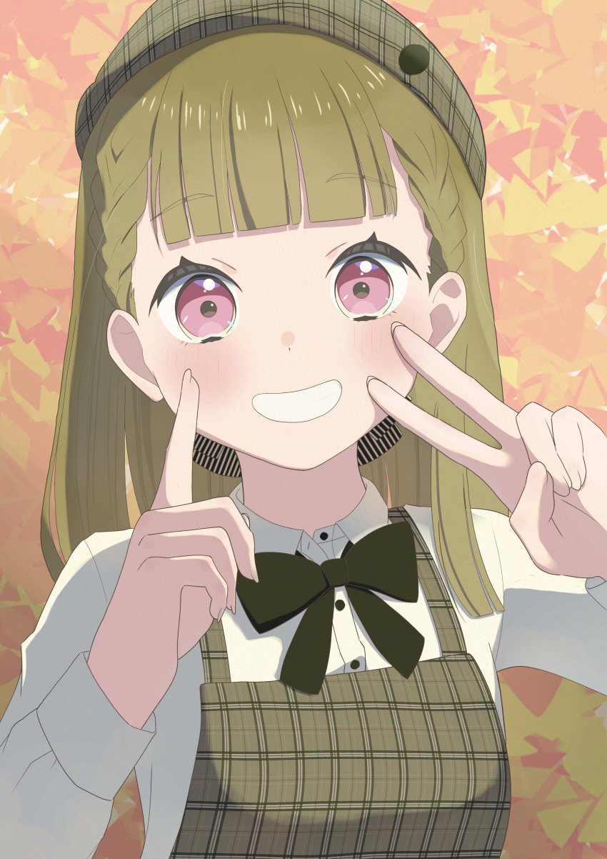 1girl, :d, absurdres, apron, black_bow, black_bowtie, bow, bowtie, braid, brown_hair, center-flap_bangs, collared_shirt, commentary_request, dress_shirt, grin, hasutousan, hat, highres, index_finger_raised, kachimachi_kosuzu, link!_like!_love_live!, long_hair, long_sleeves, looking_at_viewer, love_live!, orange_background, pink_eyes, plaid_apron, plaid_clothes, plaid_hat, shirt, side_braids, smile, solo, v, virtual_youtuber, white_shirt