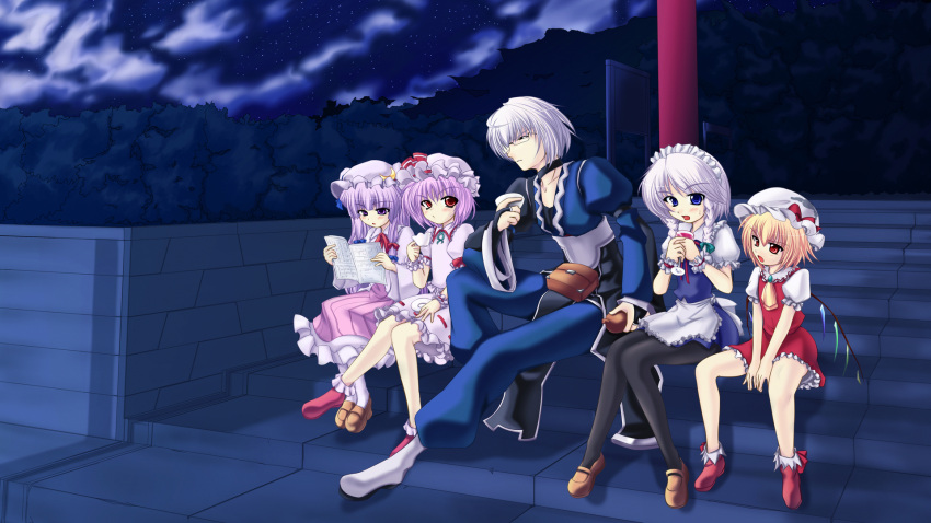 4girls, apron, ascot, baggy_clothes, black_eyes, blonde_hair, blue_eyes, blush, bow, braid, bridal_gauntlets, choker, cloud, clouds, collarbone, cresent, cup, dress, flandre_scarlet, frills, glass, glasses, gourd, hair_bow, hat, hat_bow, hat_ribbon, highres, izayoi_sakuya, kirihane, long_hair, long_skirt, maid, maid_headdress, male, mary_janes, miniskirt, morichika_rinnosuke, multiple_girls, night, night_sky, open_mouth, patchouli_knowledge, plate, pouch, purple_dress, purple_eyes, purple_hair, red_dress, red_eyes, remilia_scarlet, ribbon, shoes, short_hair, silver_hair, skirt, sky, star, sweatdrop, teacup, thigh-highs, thighhighs, touhou, tree, twin_braids, vampire, very_long_hair, violet_eyes, wings