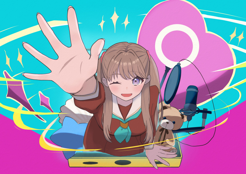 1girl, ;d, absurdres, aqua_neckerchief, arm_up, breasts, brown_dress, commentary_request