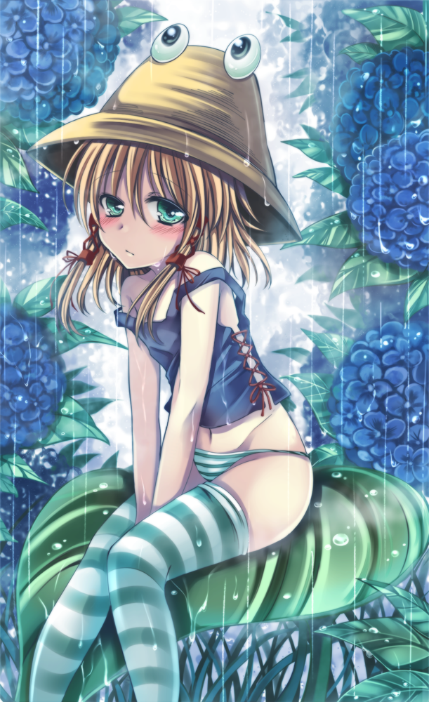bare_shoulders, blonde_hair, blush, flower, green_eyes, green_hair, hair_ribbon, hat