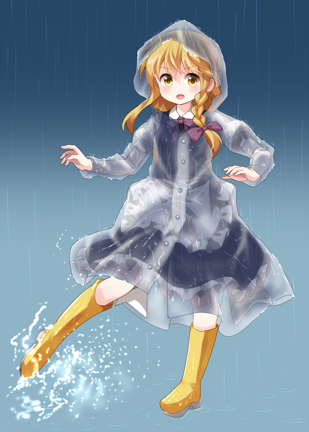 1girl, :o, apron, black_dress, blonde_hair, boots, bow, bowtie