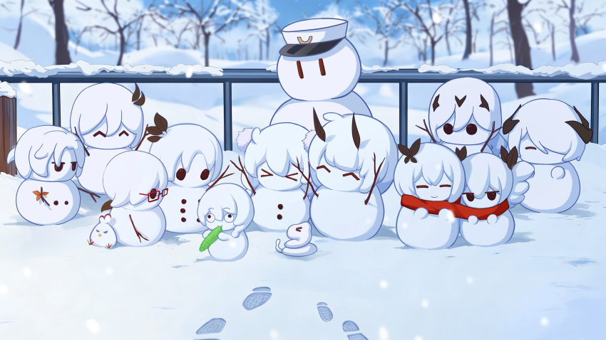 >_<, absurdres, bronya_zaychik, captain_(honkai_impact), cecilia_schariac, character_snowman, chinese_commentary, commentary_request