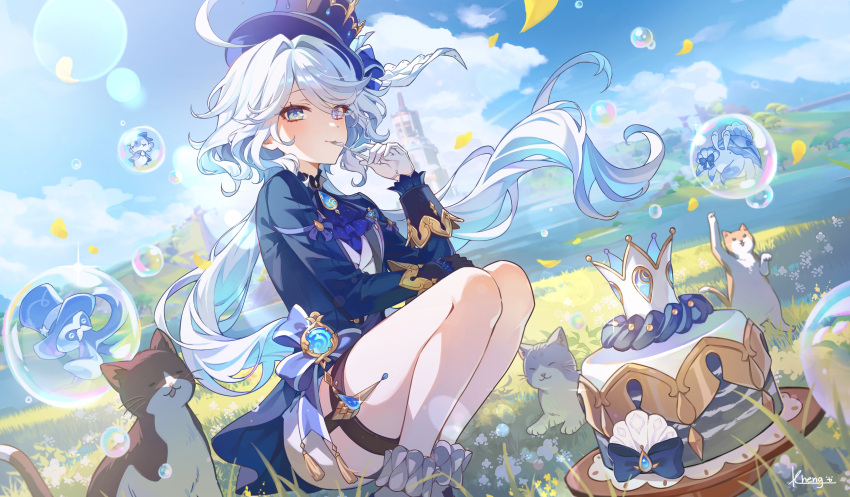 1girl, absurdres, ascot, asymmetrical_gloves, blue_ascot, blue_hair, blue_hat, blue_jacket