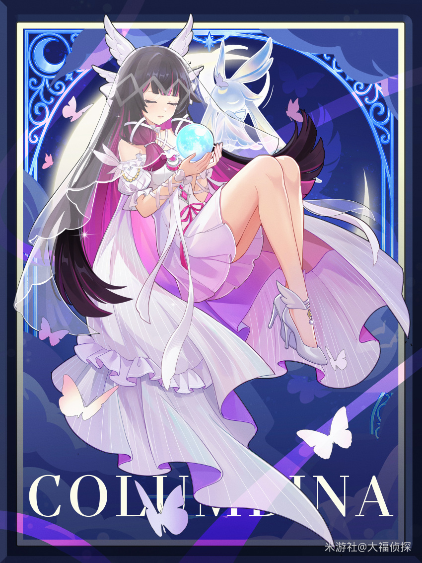 1girl, absurdres, alternate_costume, bare_shoulders, black_hair, blunt_bangs, bug, butterfly