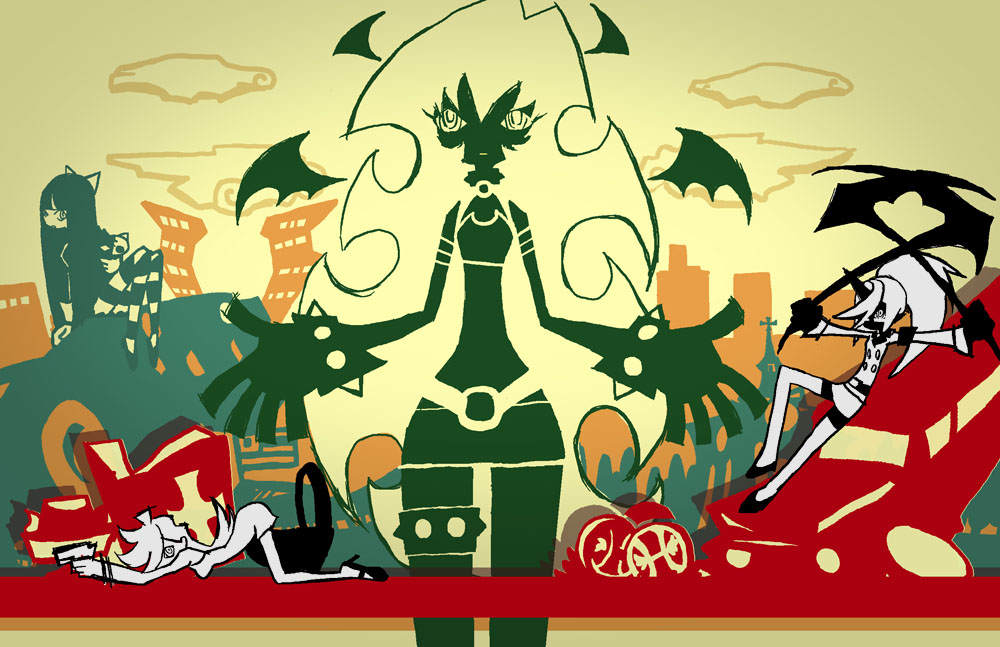 4girls, bakemonogatari, car, cityscape, clouds, coin, demon_girl, demon_wings, dress, dual_wielding, glasses, gun, high_ponytail, holding, holding_gun, holding_scythe, holding_weapon, horns, kimi_no_shiranai_monogatari, kneesocks_(psg), long_hair, monogatari_(series), motor_vehicle, multiple_girls, panty_&amp;_stocking_with_garterbelt, panty_(psg), pantyhose, parody, ponytail, scanty_(psg), scythe, short_dress, single_horn, stocking_(psg), striped_leggings, sukaponta, weapon, wings