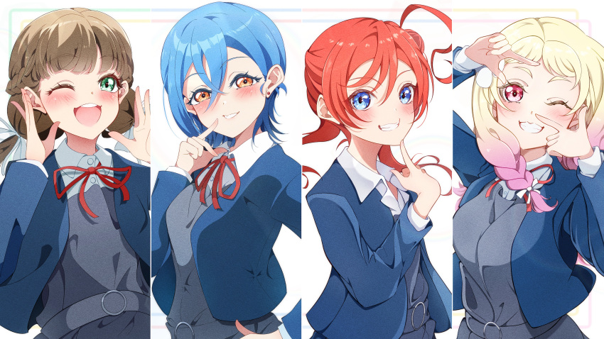 4girls, :d, ;d, absurdres, blonde_hair, blue_eyes, blue_hair, blush, braid, breasts, collared_shirt, commentary_request, dress, dress_shirt, earrings, fighting_call_(love_live!), finger_frame, gradient_hair, green_eyes, grey_dress, grin, hair_bun, half_up_braid, highres, jewelry, kentotto, liella!_second_generation, long_hair, looking_at_viewer, love_live!, love_live!_superstar!!, low_twin_braids, low_twintails, medium_breasts, medium_hair, multicolored_hair, multiple_girls, neck_ribbon, one_eye_closed, onitsuka_natsumi, open_mouth, orange_eyes, pinafore_dress, pink_eyes, pink_hair, pointing, pointing_at_self, red_hair, red_ribbon, ribbon, sakurakoji_kinako, school_uniform, shirt, short_hair_with_long_locks, single_side_bun, sleeveless, sleeveless_dress, smile, stud_earrings, teeth, twin_braids, twintails, upper_body, upper_teeth_only, wakana_shiki, white_background, white_shirt, winter_uniform, yoneme_mei, yuigaoka_school_uniform