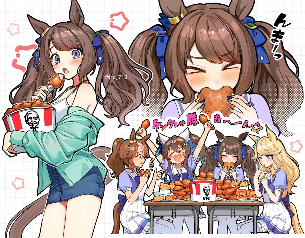 >_<, 4girls, :d, :o, ^_^, animal_ears, arms_up, bare_shoulders, blonde_hair, blue_eyes, blue_hair, blue_necktie, blue_ribbon, blue_skirt, bow, bowtie, brown_hair, bucket_of_chicken, burger, camisole, chicken_(food), chicken_leg, closed_eyes, commentary_request, daitaku_helios_(umamusume), ear_bow, ear_covers, ear_ornament, eating, fang, food, french_fries, fried_chicken, frilled_skirt, frills, gold_city_(umamusume), green_jacket, hair_between_eyes, hair_ornament, hair_ribbon, holding, holding_burger, holding_food, horse_ears, horse_girl, horse_tail, invisible_chair, iro_178, jacket, kfc, long_hair, long_sleeves, looking_at_viewer, mejiro_palmer_(umamusume), multicolored_hair, multicolored_nails, multiple_girls, nail_polish, necktie, open_mouth, orange_nails, pleated_skirt, ponytail, puffy_short_sleeves, puffy_sleeves, purple_bow, purple_bowtie, purple_shirt, ribbon, sailor_collar, sailor_shirt, school_uniform, shirt, short_sleeves, sitting, skirt, smile, spaghetti_strap, star_(symbol), star_hair_ornament, streaked_hair, summer_uniform, table, tail, thigh-highs, tosen_jordan_(umamusume), tracen_school_uniform, translation_request, twintails, umamusume, violet_eyes, white_background, white_camisole, white_skirt, white_thighhighs, yellow_nails