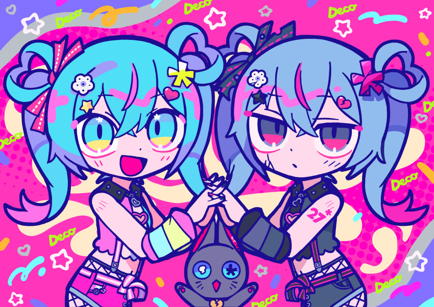 2girls, :d, bare_shoulders, black_nails, black_shirt, black_shorts, blue_eyes, blue_hair