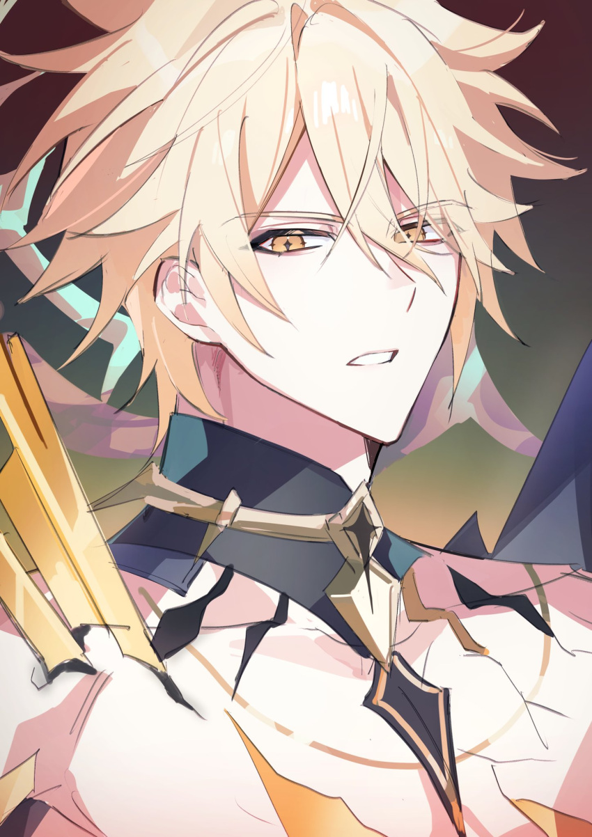 1boy, alternate_form, black_background, blonde_hair, broken_skin, collarbone, commentary, crossed_bangs
