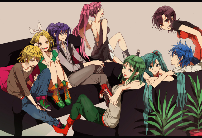 aqua_hair, artist_request, bad_id, blonde_hair, blue_eyes, blue_hair, boots, brown_eyes, brown_hair, casual, couch, crossed_legs, green_eyes, green_hair, gumi, hair_ribbon, hatsune_miku, highres, kagamine_len, kagamine_rin, kaito, kamui_gakupo, legs_crossed, letterboxed, long_hair, megurine_luka, meiko, pink_hair, ponytail, purple_hair, ribbon, shoes, short_hair, sitting, smile, twintails, vocaloid, yellow_eyes, yuki_(ulfe)