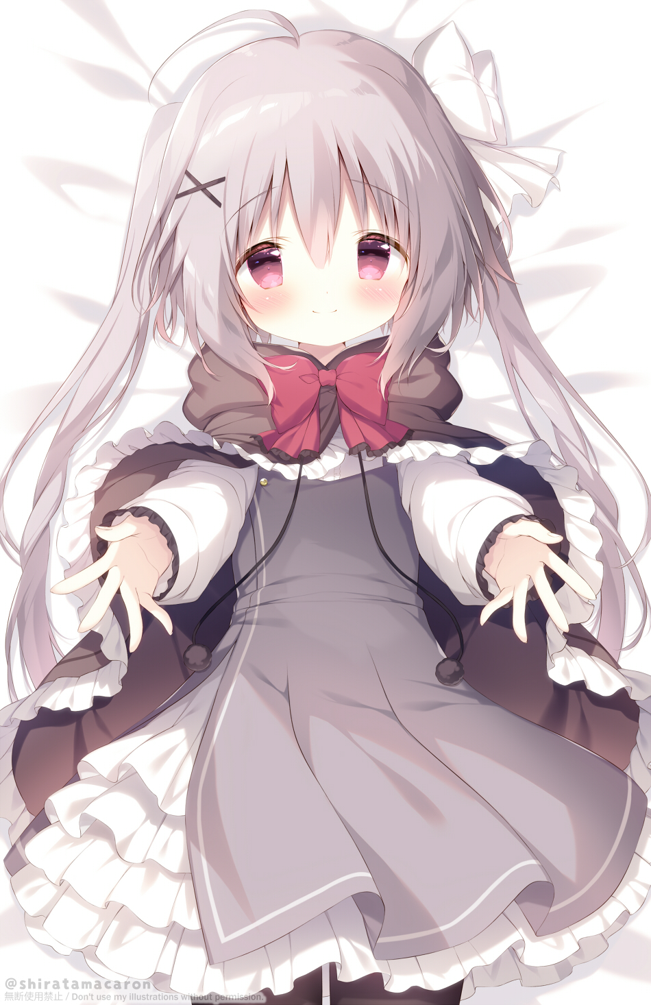 1girl, ahoge, bed_sheet, blush, bow, brown_cloak, brown_pantyhose, cloak