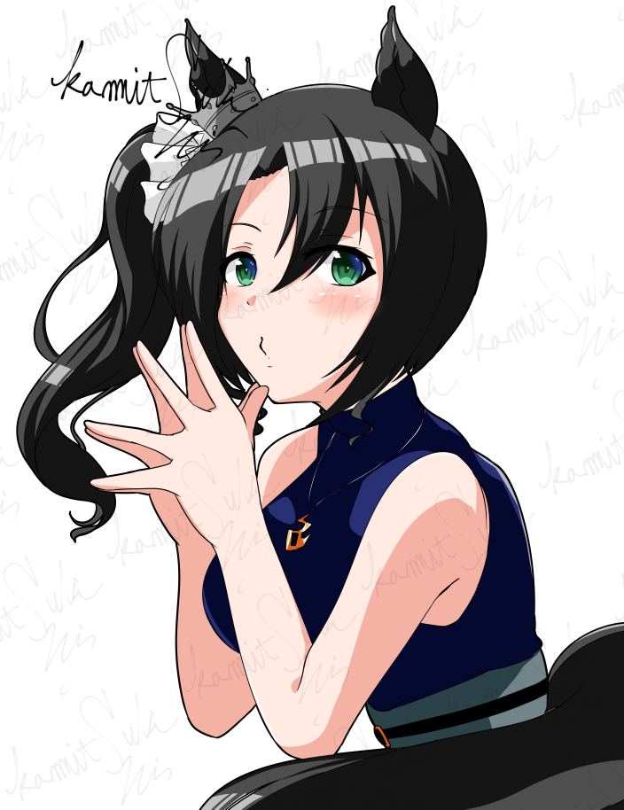 1girl, animal_ears, black_hair, ear_through_crown, ears_through_headwear, green_eyes, hair_between_eyes, horse_ears
