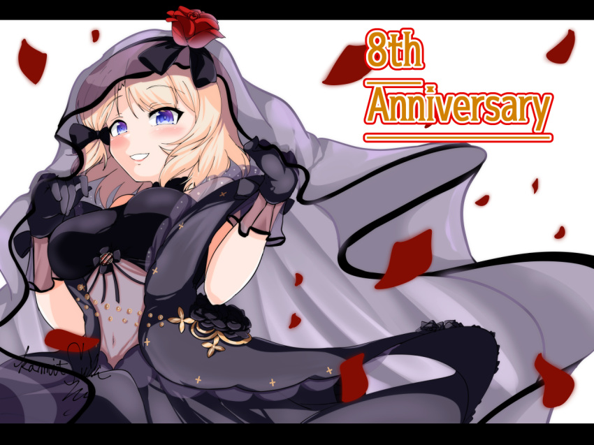 1girl, anniversary, azur_lane, black_dress, black_gloves, blonde_hair, bridal_veil, dress
