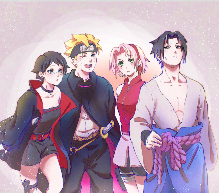 2boys, 2girls, bike_shorts, black_cloak, black_eyes, black_hair, black_romper, blonde_hair