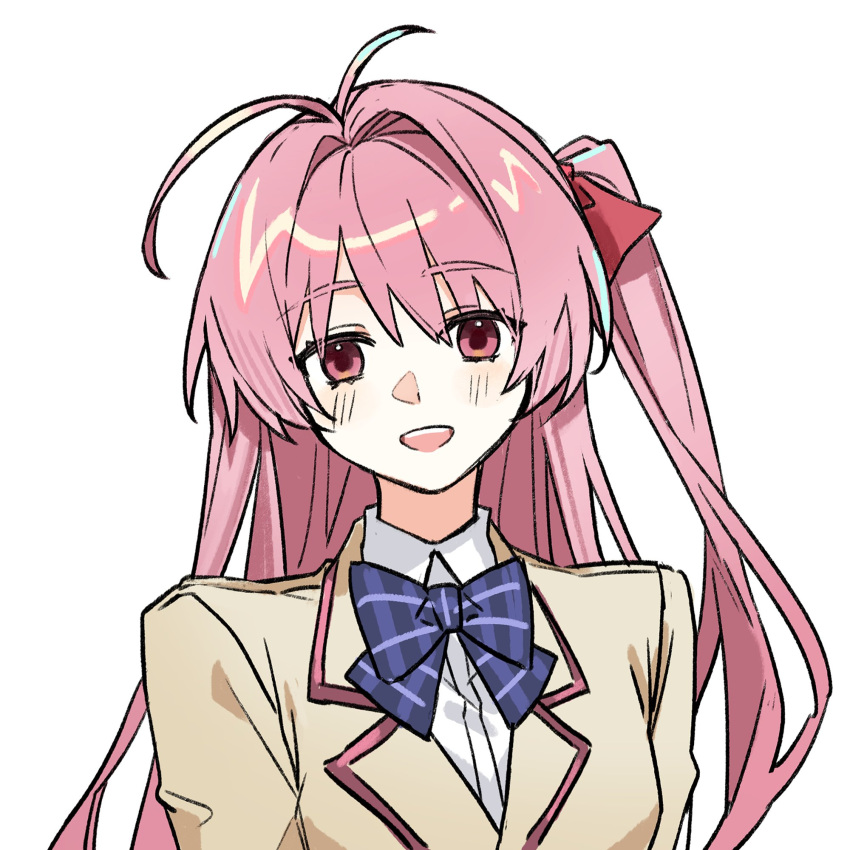1girl, :d, antenna_hair, blazer, blush, bow, bowtie, chaos;head