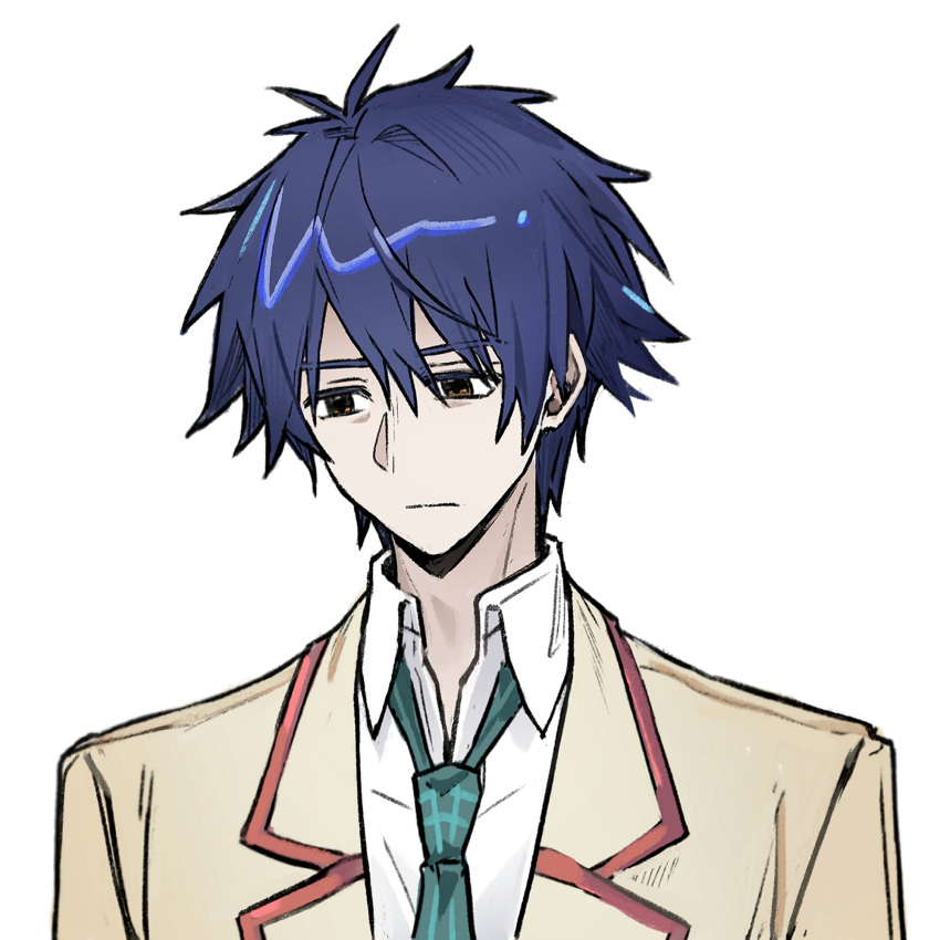 1boy, blazer, blue_hair, chaos;head, closed_mouth, collared_shirt, green_necktie, highres