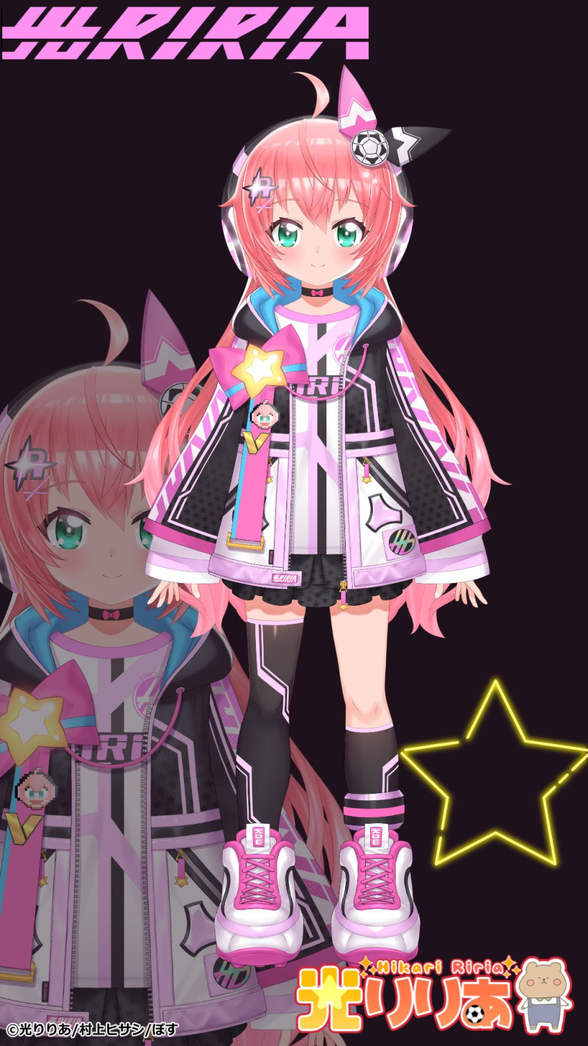 1girl, ahoge, aqua_eyes, aqua_jacket, black_choker, black_jacket, black_shirt, black_skirt