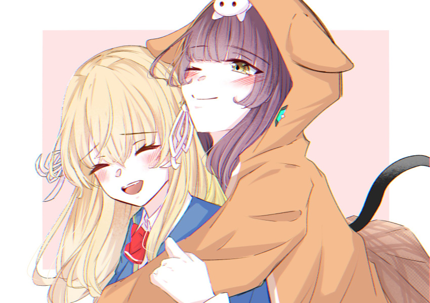 2girls, animal_on_head, asakura_karen_(heaven_burns_red), black_hair, blonde_hair, bow, braid, half_up_braid