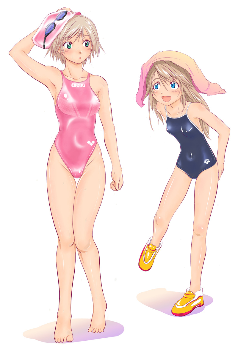 arena_(company), blue_eyes, brown_hair, competition_swimsuit, goggles, green_eyes, long_hair, multiple_girls