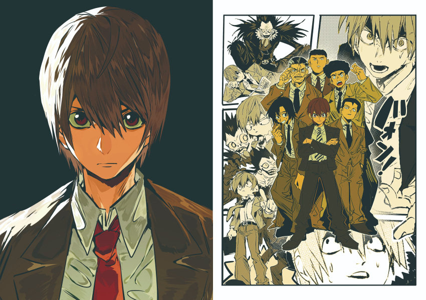 6+boys, absurdres, aizawa_shuuichi, black_hair, black_pants, brown_hair, character_request, closed_mouth