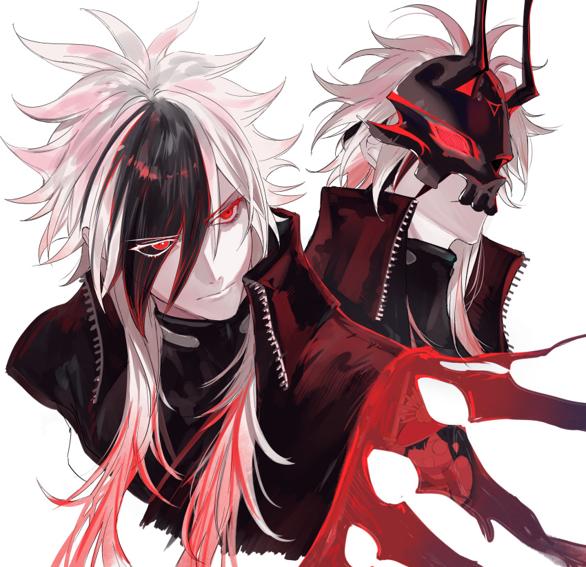 1boy, absurdres, black_coat, black_hair, captain_nobu, coat, eyes_visible_through_hair, fate/grand_order, fate_(series), hair_over_one_eye, highres, horned_mask, kondou_isami_(fate), kondou_isami_(first_ascension)_(fate), long_sidelocks, mask, mini_nobu_(fate), multicolored_hair, multiple_views, oda_nobunaga_(fate), pale_skin, red_eyes, red_hair, sidelocks, streaked_hair, three-tone_hair, white_background, white_hair, yurumawari, zipper
