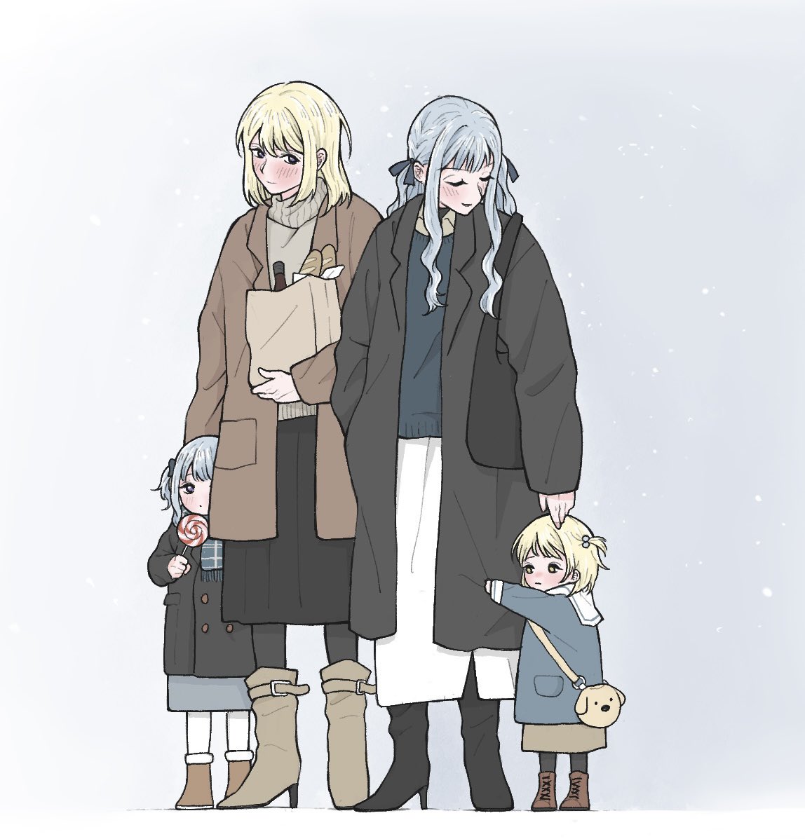 4girls, bag, baguette, bang_dream!, bang_dream!_it's_mygo!!!!!, black_boots, black_coat, black_skirt