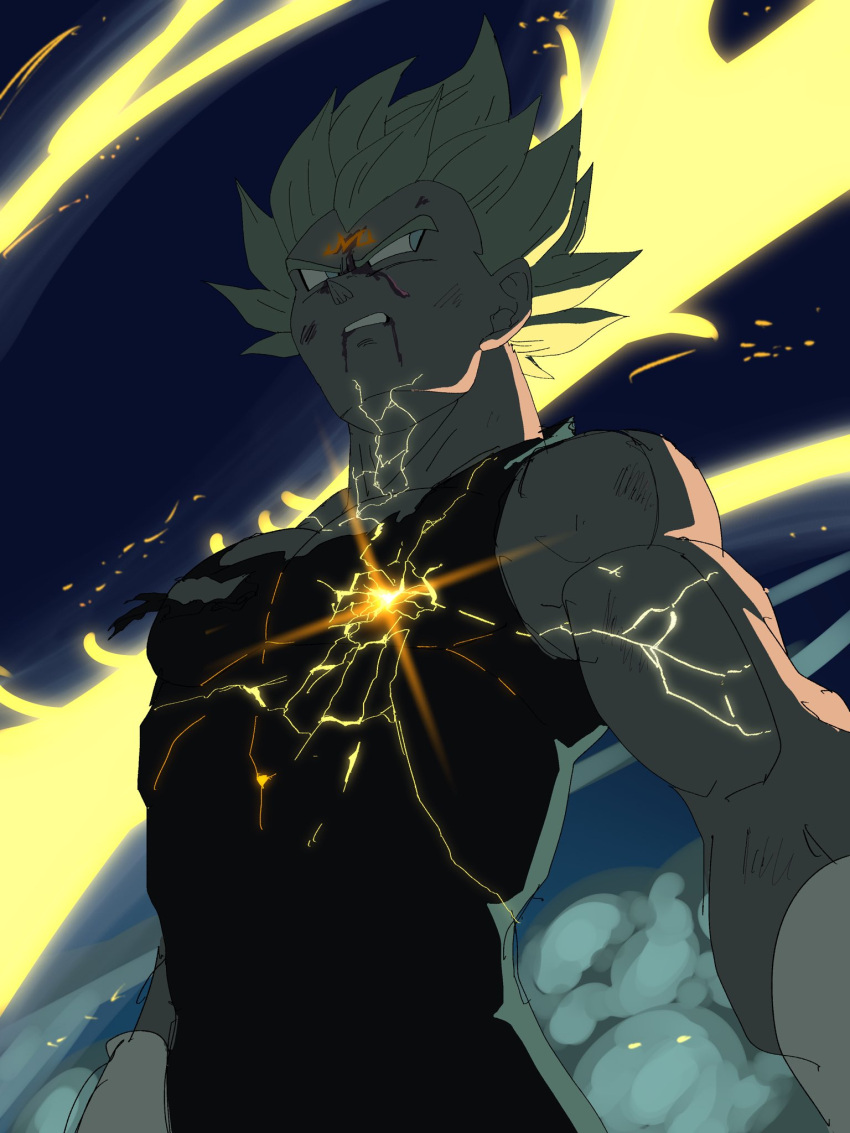1boy, aura, crackling_energy, dragon_ball, dragon_ball_z, final_explosion, highres, kazumax76, majin_vegeta, male_focus, solo, spiky_hair, super_saiyan, super_saiyan_2, vegeta