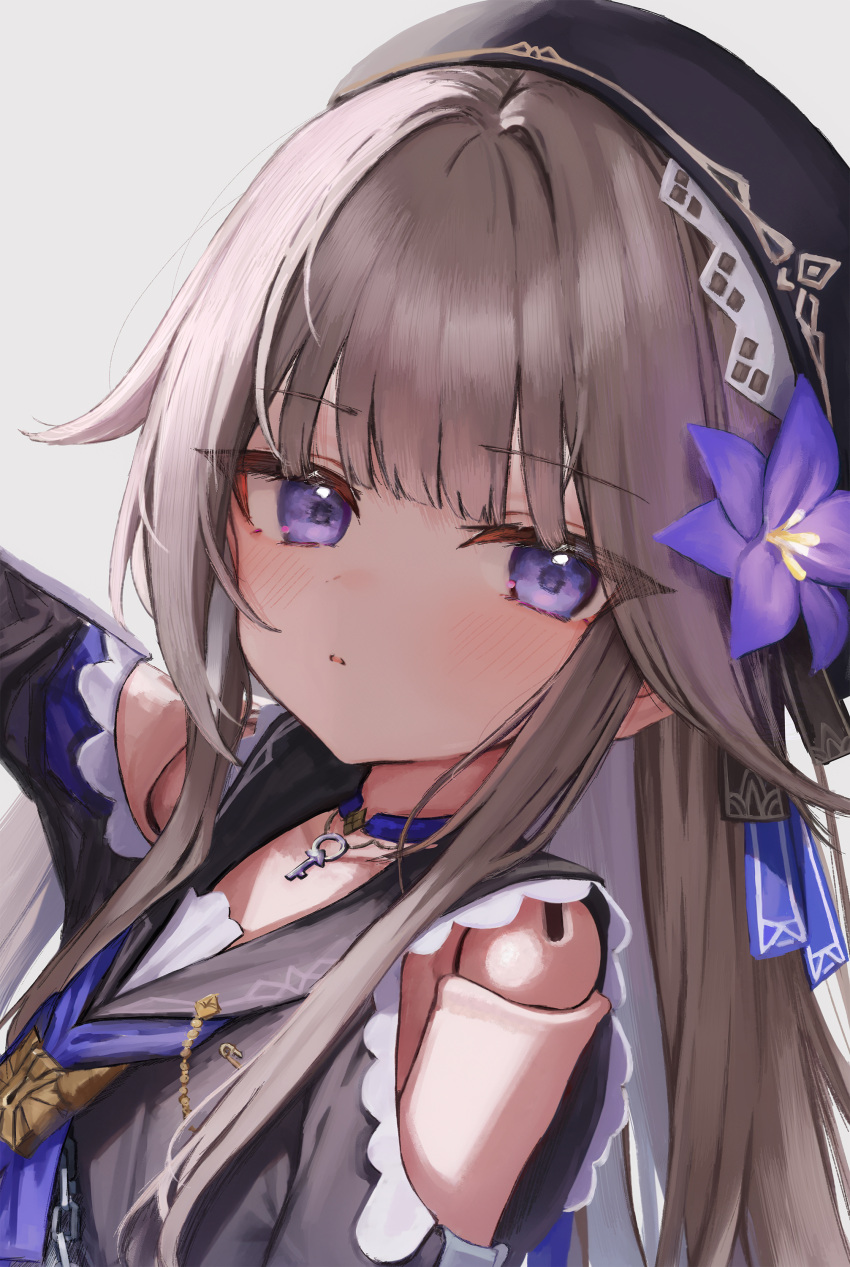 1girl, absurdres, beret, choker, clothing_cutout, commentary_request, doll_joints, flower, h.yasai, hair_flower, hair_ornament, hat, herta_(honkai:_star_rail), herta_(puppet)_(honkai:_star_rail), highres, honkai:_star_rail, honkai_(series), joints, long_hair, looking_at_viewer, partial_commentary, purple_choker, shoulder_cutout, solo, violet_eyes