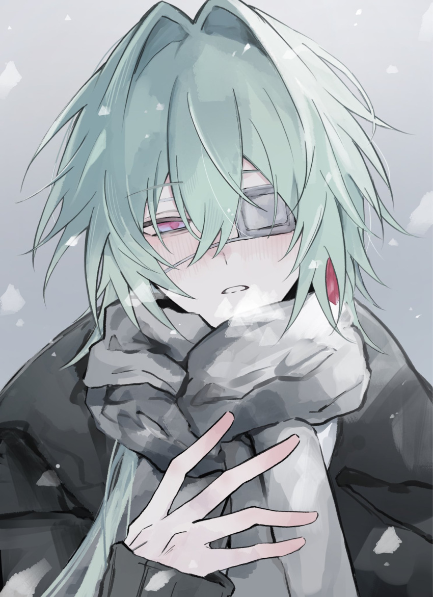 1boy, alternate_costume, anaxa_(honkai:_star_rail), aqua_eyes, black_coat, blue_eyes, coat, grey_background