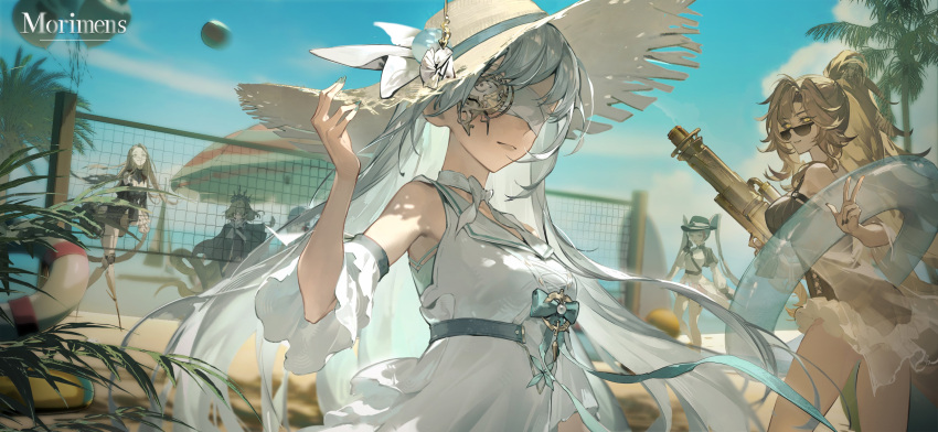 1boy, 4girls, absurdres, artist_request, ball, bandages, bandages_over_eyes, beach