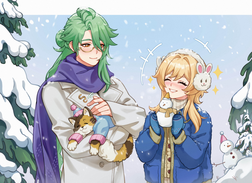 1boy, 1girl, absurdres, alternate_costume, baizhu_(genshin_impact), baobeibai, blonde_hair, blue_gloves