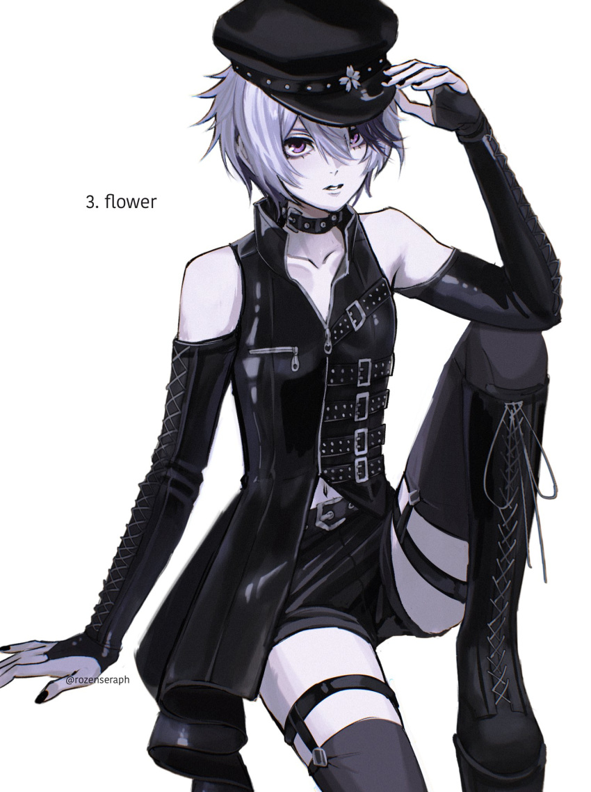 1girl, adjusting_clothes, adjusting_headwear, alternate_costume, belt, belt_collar, black_boots, black_collar
