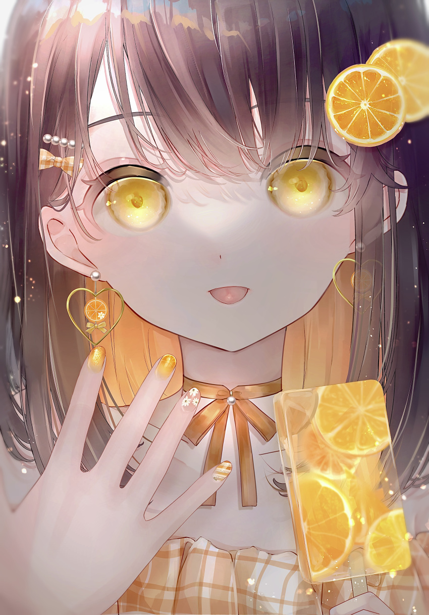 1girl, absurdres, bow, brown_hair, choker, colored_inner_hair, commentary_request, earrings