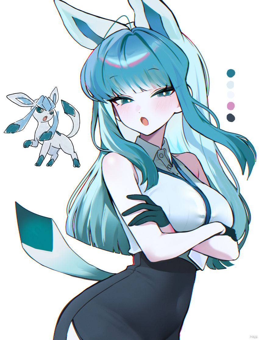 1girl, absurdres, ahoge, animal_ears, aqua_eyes, aqua_hair, bare_shoulders, black_gloves, black_skirt, breasts, bright_pupils, collared_shirt, cowboy_shot, glaceon, gloves, haze_(7h4ze), high-waist_skirt, highres, lanyard, large_breasts, light_blush, long_hair, long_sidelocks, looking_at_viewer, open_mouth, original, pencil_skirt, personification, pokemon, pokemon_(creature), reference_inset, shirt, sidelocks, simple_background, skirt, sleeveless, sleeveless_shirt, tail, white_background, white_pupils, white_shirt