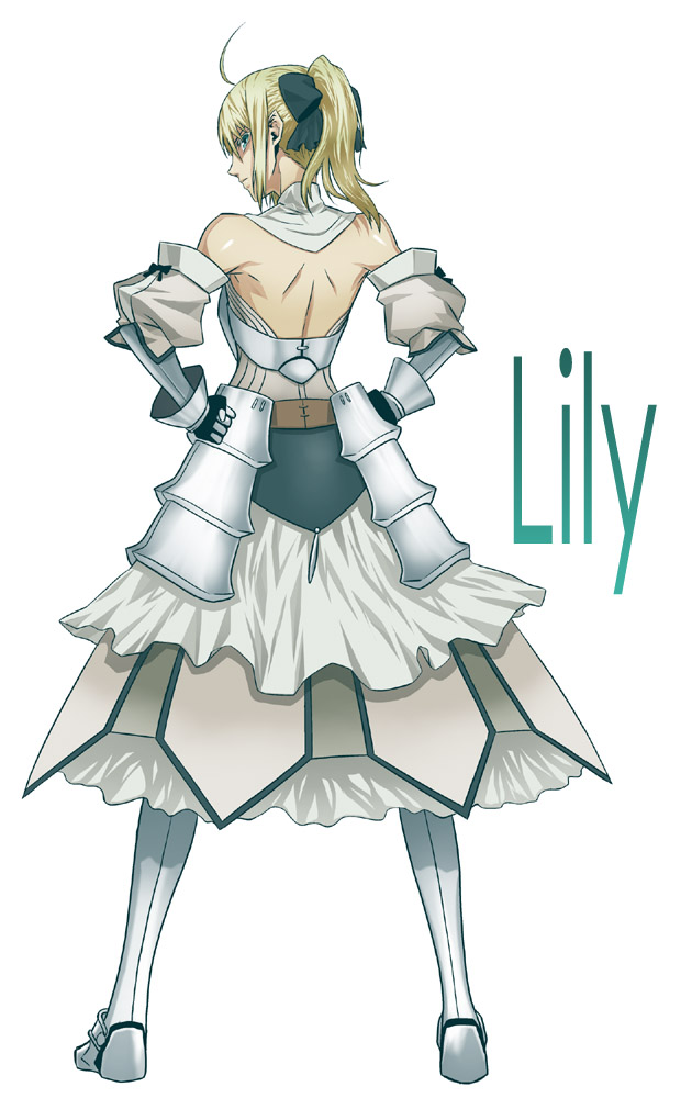 ahoge, armor, armored_dress, back, bare_shoulders, blonde_hair, detached_sleeves, dress