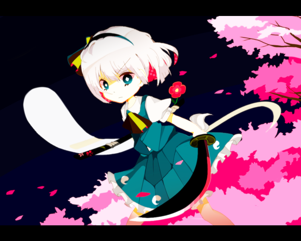 bad_id, blue_eyes, cherry_blossoms, dress_shirt, flower, ghost, hairband, hitodama