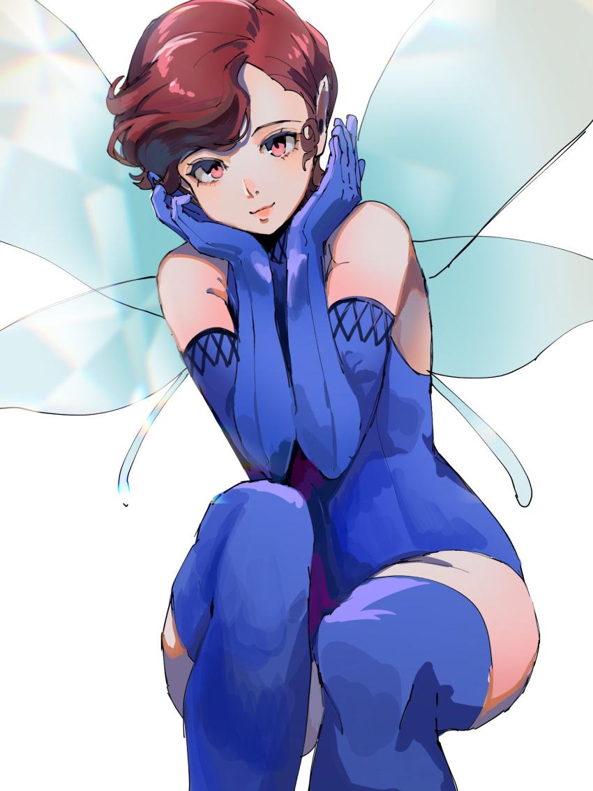 1girl, 4me3ba_niku, blue_gloves, blue_leotard, blue_thighhighs, blue_wings, closed_mouth, commentary