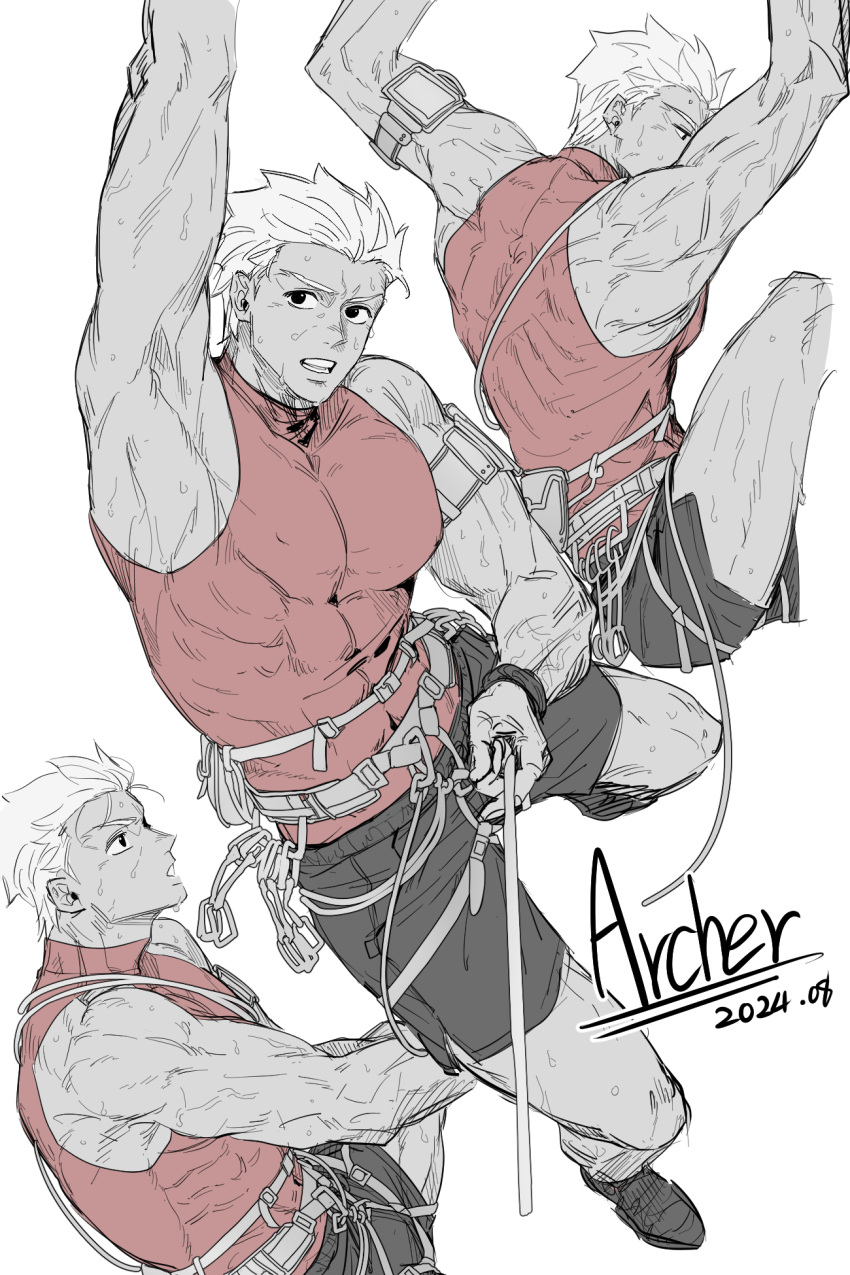 1boy, 5_horulu, archer_(fate), climbing, fate/stay_night, fate_(series), highres, large_pectorals, male_focus, monochrome, muscular, muscular_male, pectorals, solo, spiky_hair, white_hair