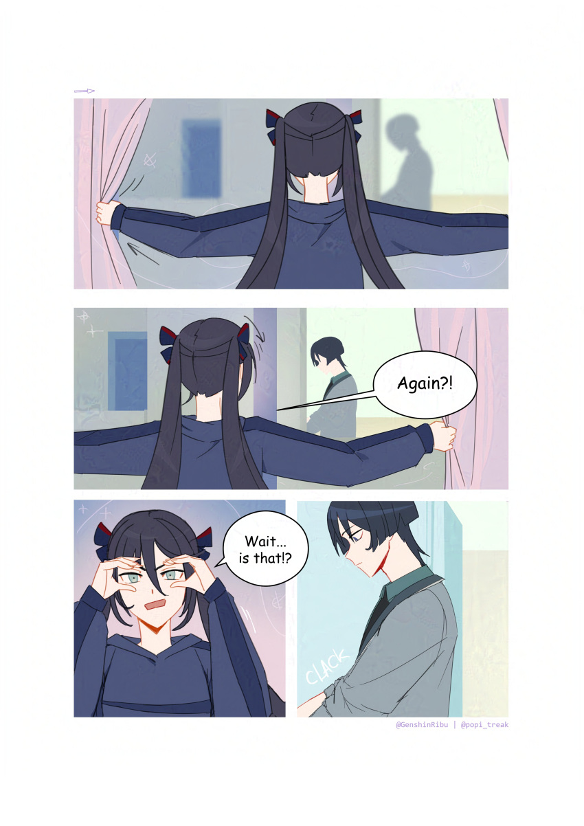 1boy, 1girl, absurdres, alternate_costume, alternate_universe, aqua_eyes, arrow_(symbol), artist_name