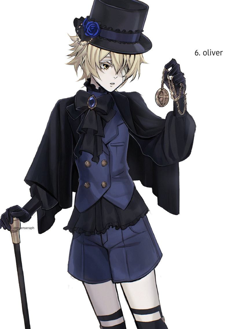 1boy, alternate_costume, bandage_over_one_eye, black_bow, black_capelet, black_hat, blonde_hair, blue_flower
