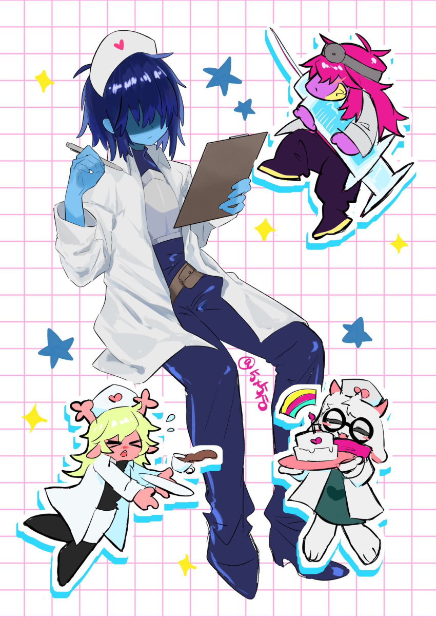 1boy, 1other, 2girls, 5x5fo, blue_hair, blue_pants, blue_shirt, blue_shoes
