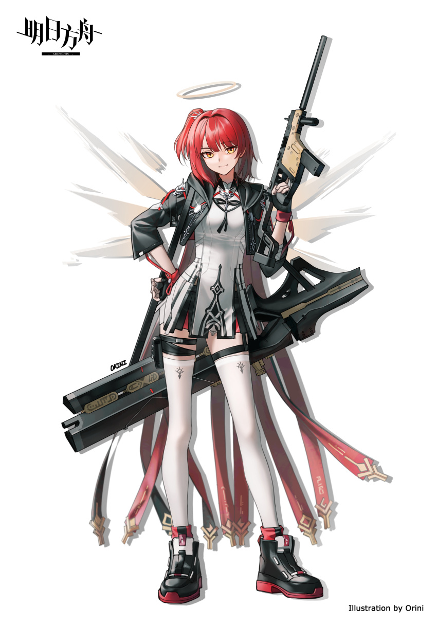 1girl, absurdres, arknights, black_gloves, breasts, cropped_jacket, exusiai_(arknights), exusiai_the_new_covenant_(arknights), fingerless_gloves, gloves, gun, halo, highres, holding, holding_gun, holding_weapon, hood, hooded_jacket, jacket, kriss_vector, long_hair, looking_at_viewer, medium_breasts, orini, pleated_skirt, red_hair, shirt, side_ponytail, skindentation, skirt, solo, standing, submachine_gun, thigh-highs, thigh_strap, weapon, white_shirt, white_thighhighs, zettai_ryouiki