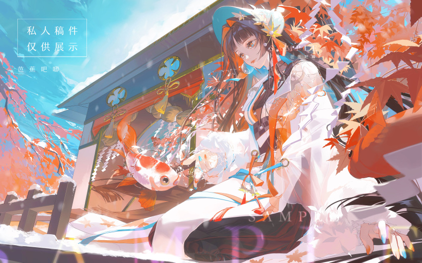 1girl, absurdres, basho, blue_nails, blue_sky, blunt_bangs, branch, brown_hair