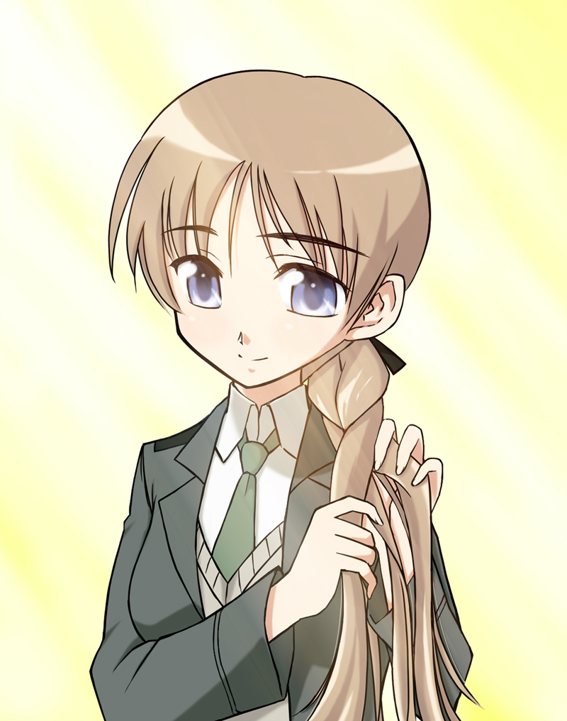 braid, braiding_hair, breasts, brown_hair, hairdressing, long_hair, lynette_bishop, necktie, sayu_(mio-mosa), single_braid, smile, solo, strike_witches, sweater