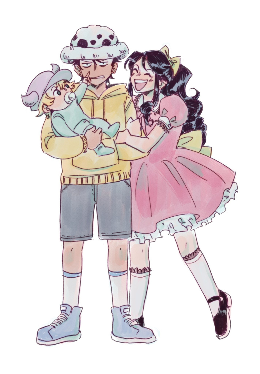 1girl, 2boys, ^_^, avaxxah, baby, baby_5, black_hair, blonde_hair, carrying, carrying_baby, carrying_person, closed_eyes, dellinger_(one_piece), dress, hat, highres, multiple_boys, one_piece, pink_dress, ponytail, sidelocks, simple_background, smile, snneakers, socks, trafalgar_law, white_background, white_socks