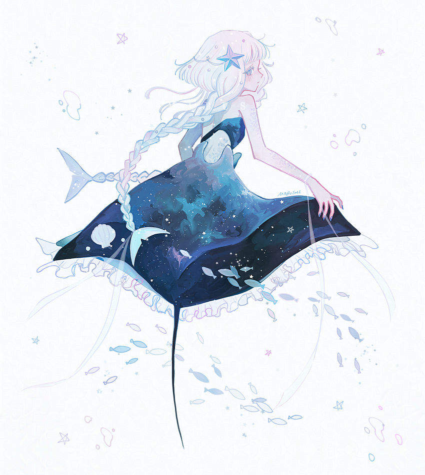 absurdres, braid, bubble, clam, curtsey, fish, fishtail_dress, grey_hair, highres, ivelovedsekaowa, jellyfish, looking_behind, mermaid, monster_girl, nail_polish, original, pale_skin, ray_(animal), sea_theme, star_(sky), tagme, twin_braids, underwater, white_hair