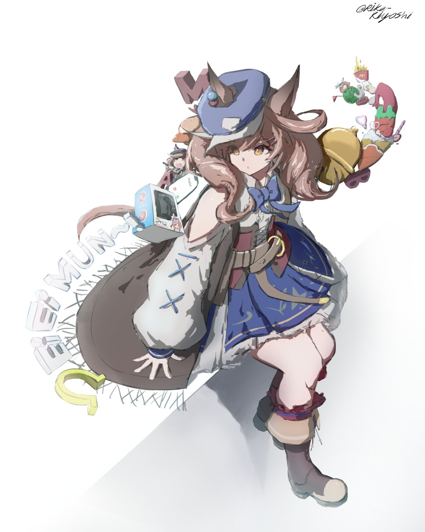 1girl, absurdres, animal_ears, bell, blue_bow, blue_hat, blue_skirt, boots