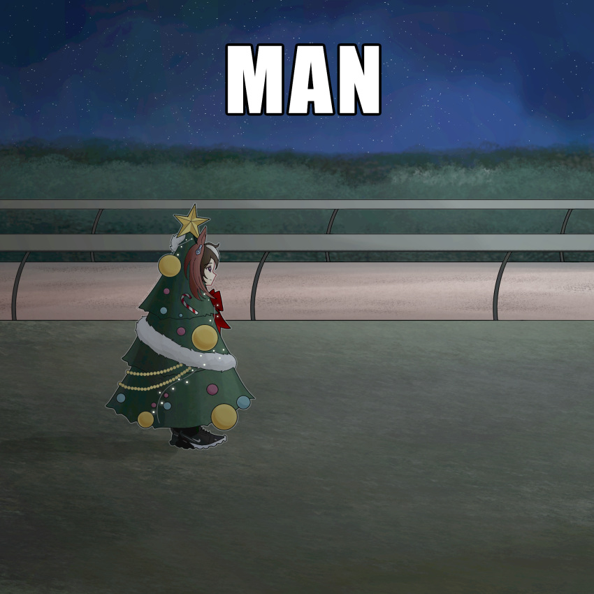 1girl, animal_ears, bow, brown_hair, candy, candy_cane, christmas_ornaments, christmas_tree, christmas_tree_costume, closed_mouth, english_text, food, from_side, frostto, hair_between_eyes, highres, horse_ears, horse_girl, horse_racing_track, long_hair, man_(meme), meme, multicolored_hair, night, night_sky, outdoors, red_bow, sky, solo, star_(symbol), streaked_hair, symboli_rudolf_(christmas_emperor_tree)_(umamusume), symboli_rudolf_(umamusume), tree_costume, umamusume, violet_eyes, white_hair