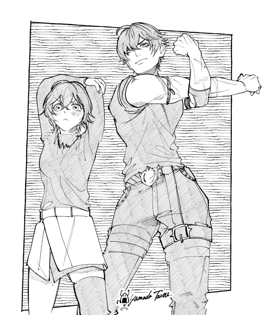 03_kyv, 1boy, 1girl, arm_strap, artist_name, belle_(zenless_zone_zero), black_shirt, blush, border, closed_mouth, commentary, cowboy_shot, crossed_bangs, greyscale, hair_between_eyes, hair_over_one_eye, highres, jewelry, lighter_(zenless_zone_zero), monochrome, necklace, scar, scar_on_arm, shirt, shirt_tucked_in, short_hair, single_thighhigh, skirt, stretching, striped_background, symbol-only_commentary, thigh-highs, white_border, zenless_zone_zero